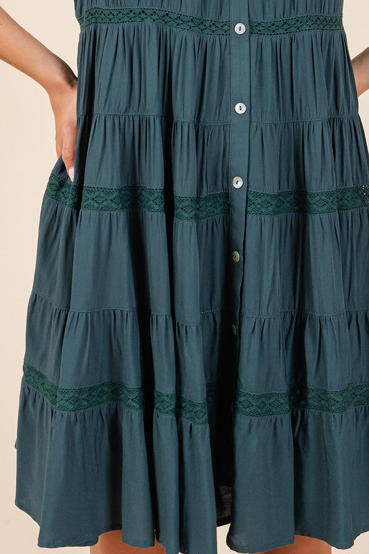 Lace Detail Ruffled Button Down Tiered Dress For Women – Romantic and Feminine Dress with Delicate Lace and Flowing Tiers