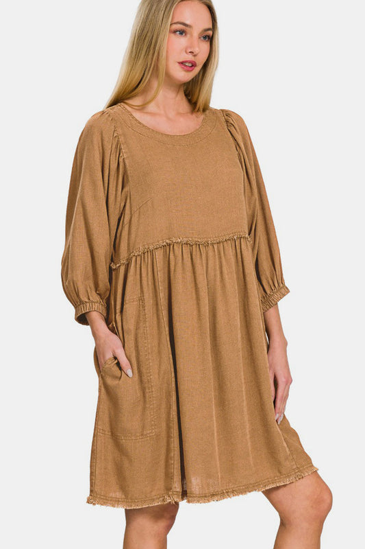 Washed Linen Pleated Puff Sleeve Babydoll Dress – Linen Babydoll Dress, Puff Sleeve Dress, Pleated Babydoll Dress, Casual Babydoll Dress, Elegant Puff Sleeve Dress, Comfortable Linen Dress, Warm Weather Dress