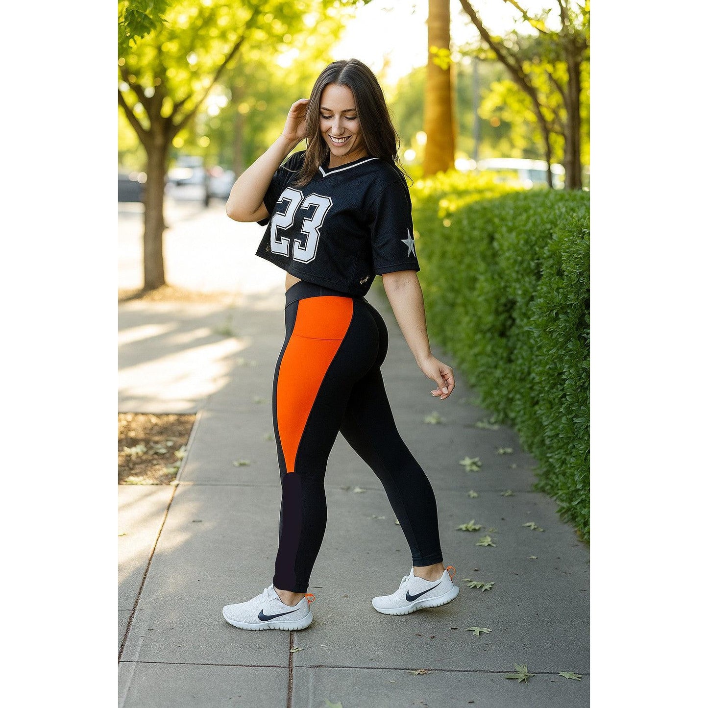 Women’s color block orange panel leggings by Julia Rose