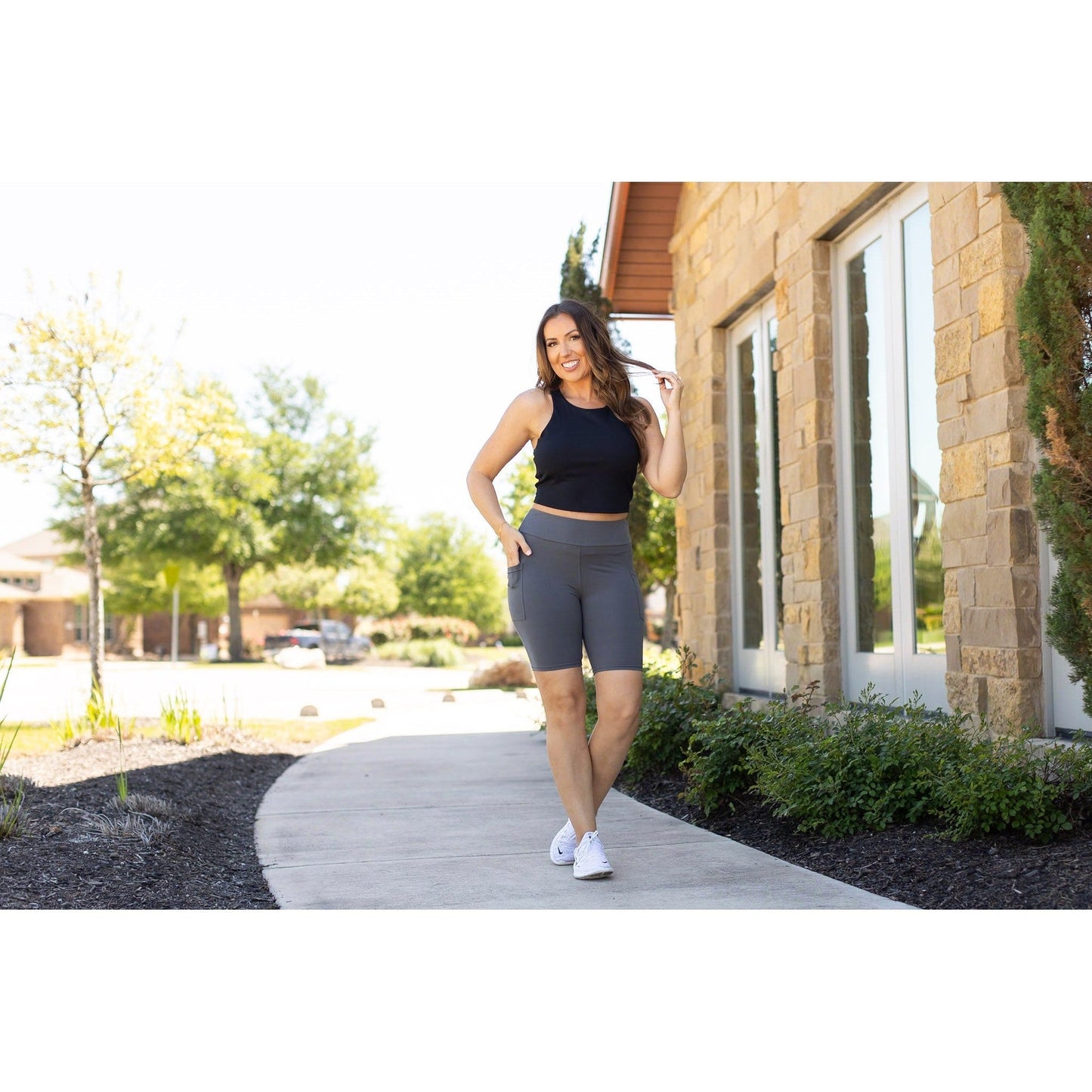 Julia Rose The Christy charcoal 7-inch biker shorts, Women wearing charcoal biker shorts high waisted