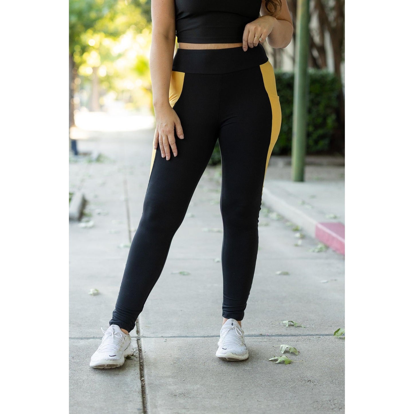 Julia Rose Yasmine Yellow Panel Full Length Leggings women’s boutique leggings front view, Woman wearing Julia Rose Yasmine leggings with yellow panel detail