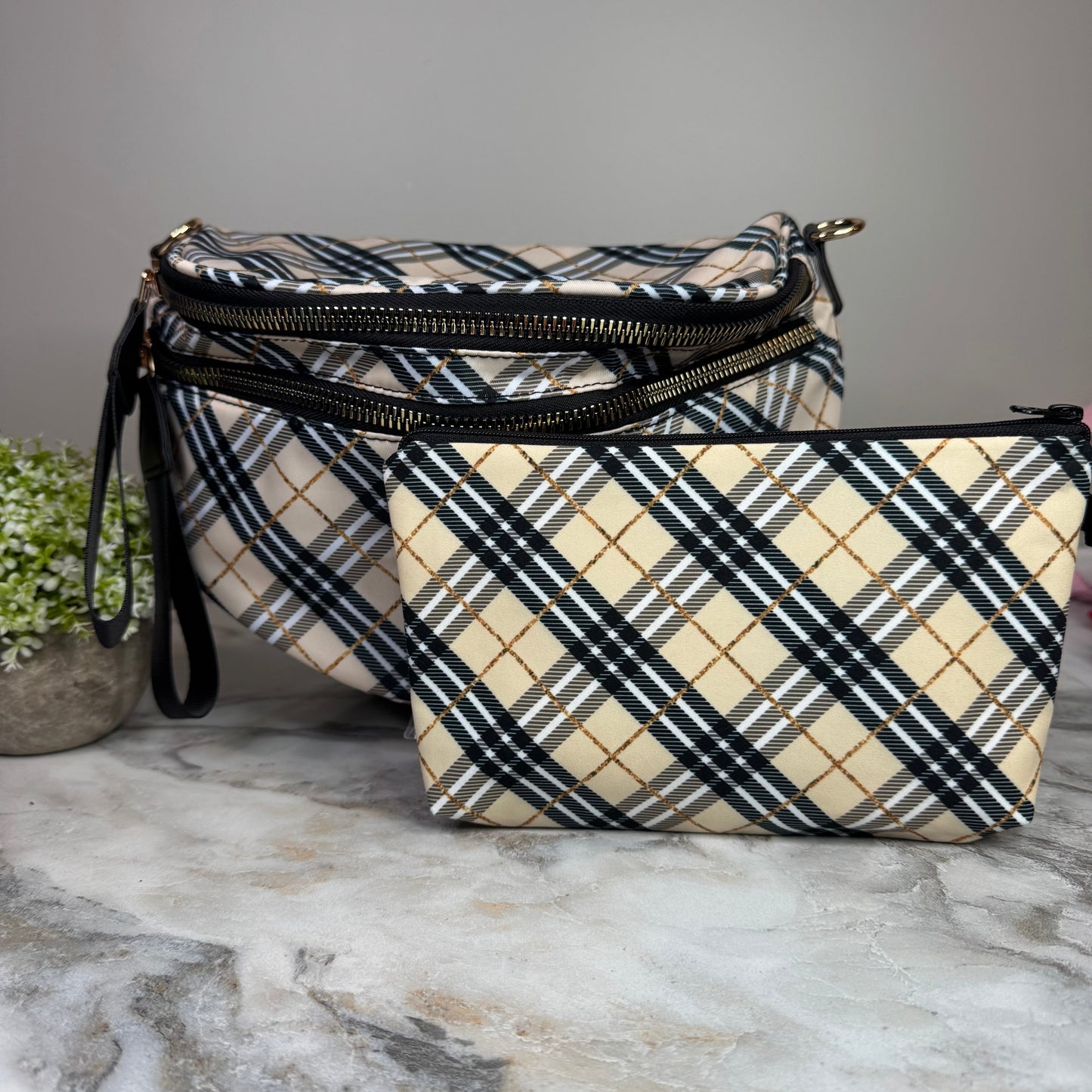 Bundled Set - Roni & Pouch - Plaid Tan & Gold