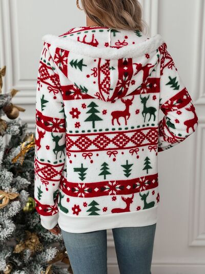 White Drawstring Christmas Element Zip-Up Hooded Jacket Winter Cute Stylish Holiday Outerwear For Her