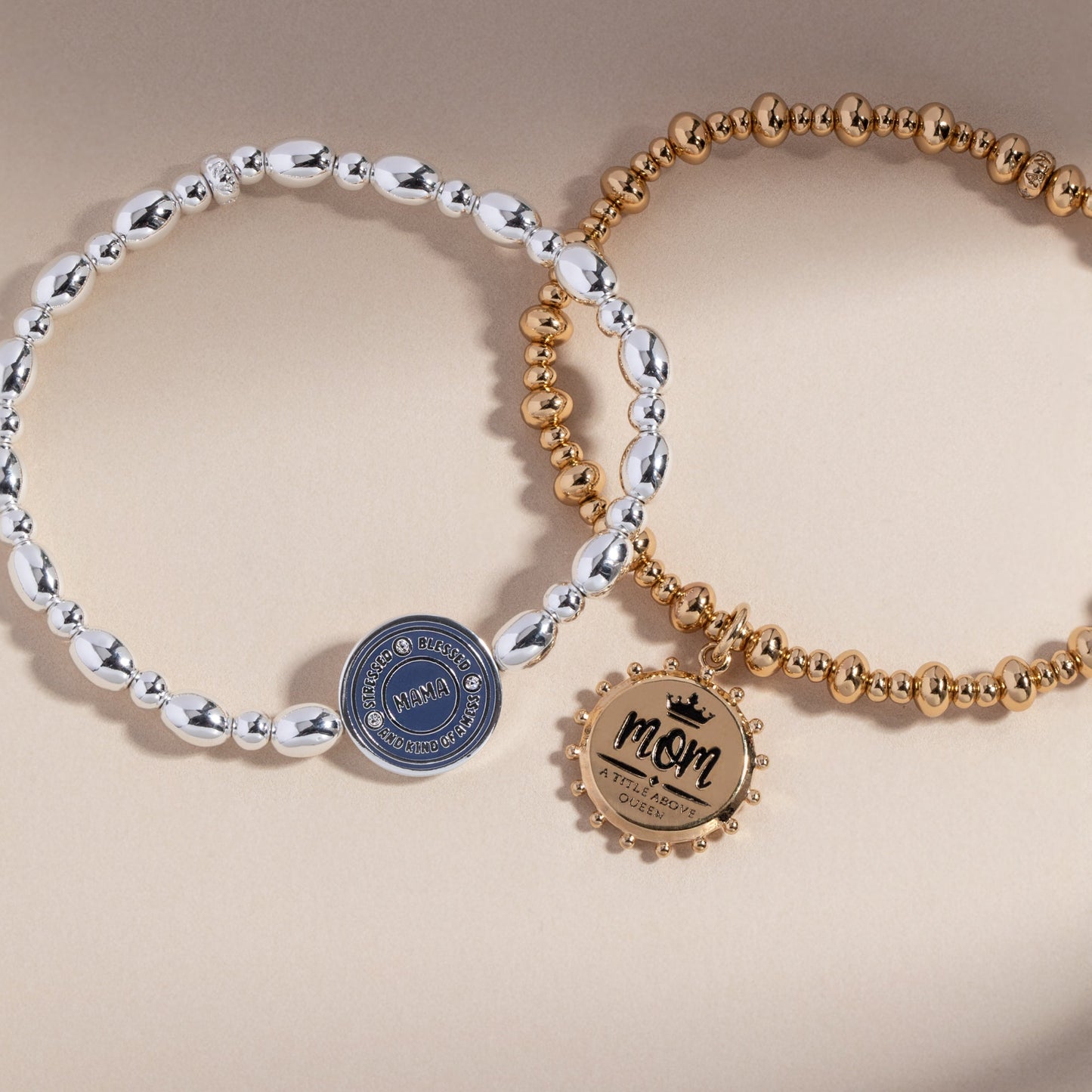 'Mom, A Title Above Queen' Beaded Stretch Charm Bracelet