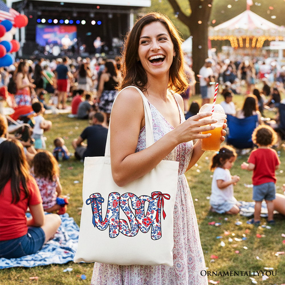 Floral USA Patriotic Canvas Tote Bag, 4th of July Gift Shopper for Stylish Women