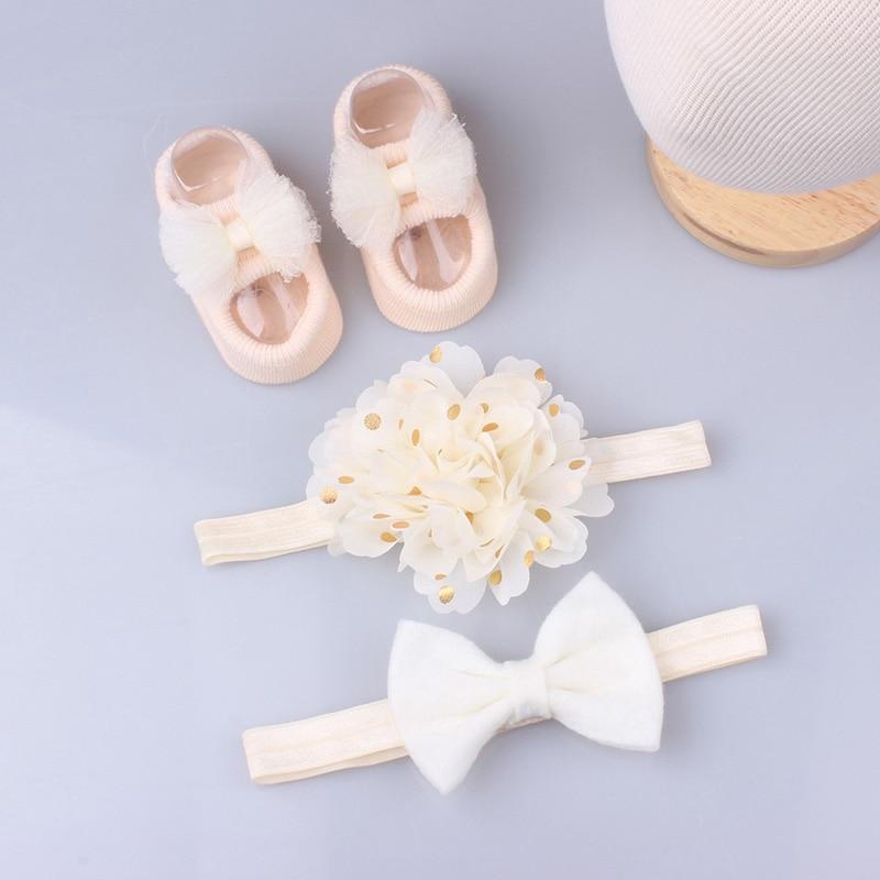 Flower Baby Girl Headband Socks Set Shoes With Crown Bows Newborn Headbands For Girls Turban Baby Hair Accessories