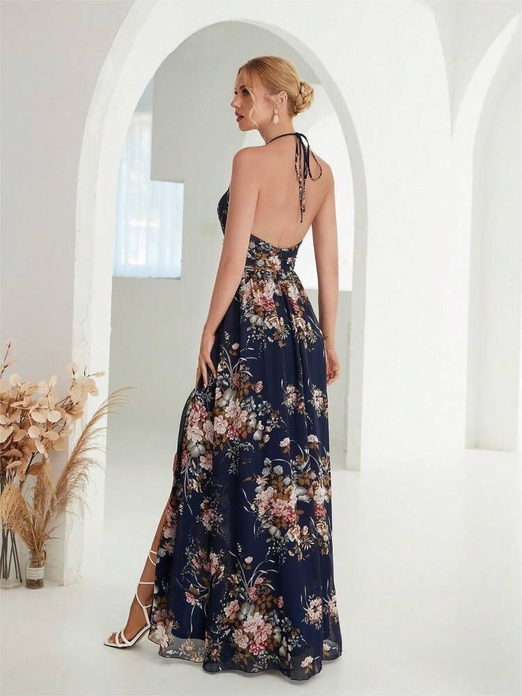 Halter Neck Open-Back Chiffon Dress