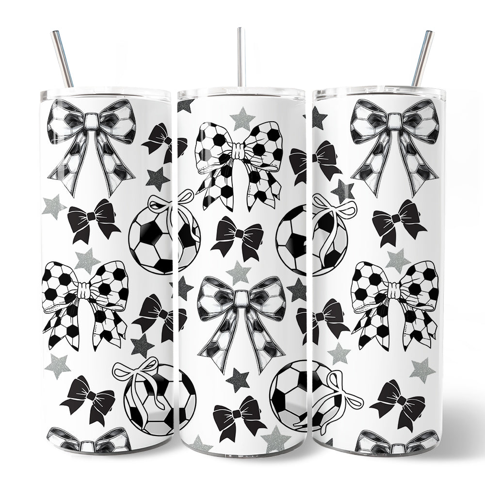 Coquette Black and White Soccer Bow 20oz Personalized Tumbler With Lid and Stainless Steel Straw, Sporty Girls Pattern Gift Cup