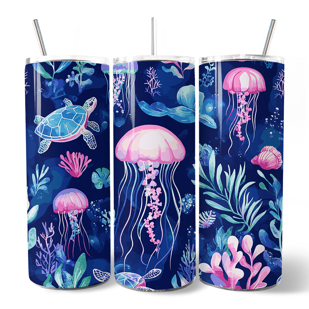 Ocean Jellyfish and Sea Turtle 20oz Personalized Tumbler With Lid and Stainless Steel Straw, Underwater Coral Reef Gift Cup