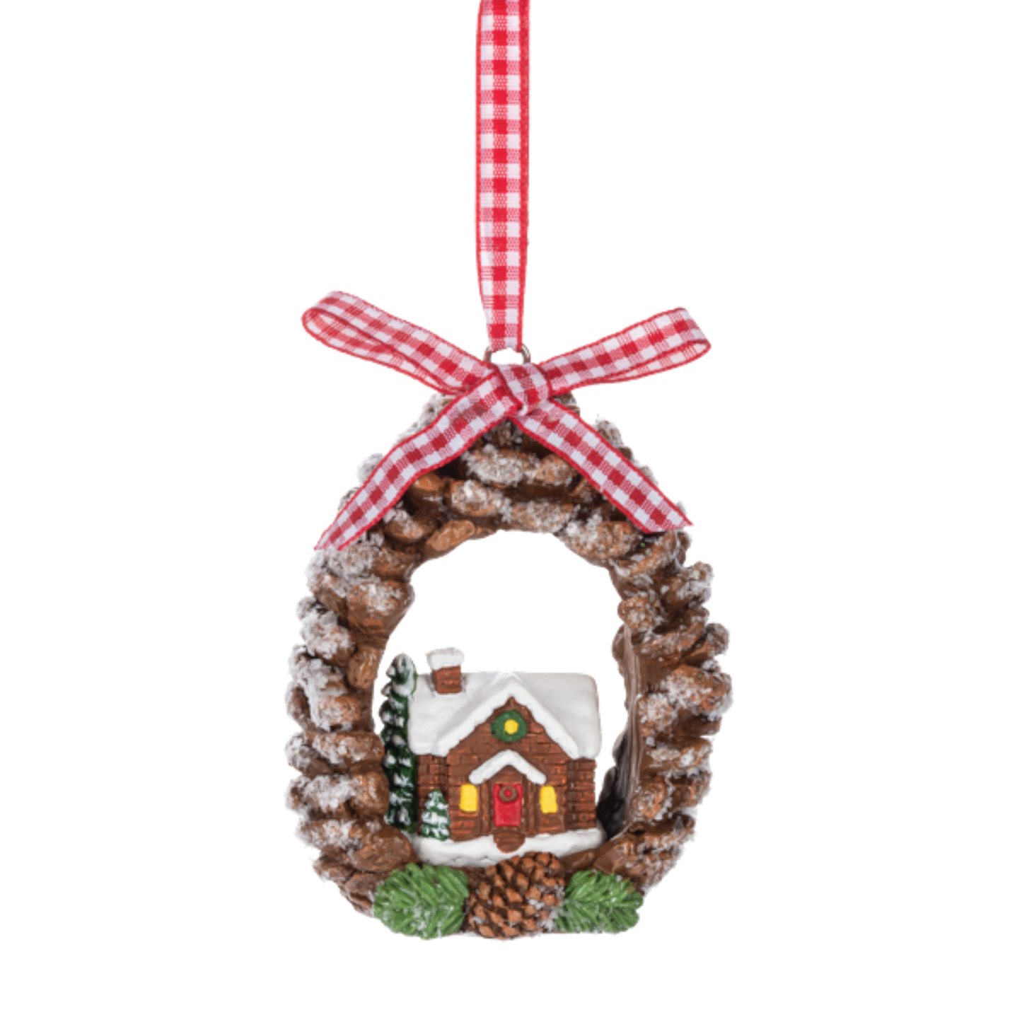 Snowy Gingerbread Cottage Pinecone Wreath Ornament