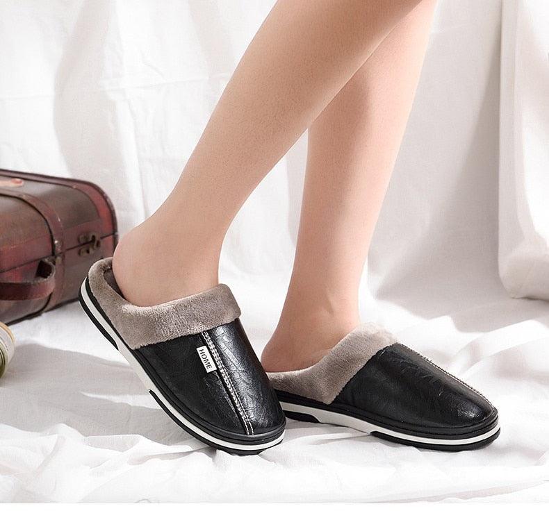 New Women Men Winter House Slippers PU Leather Cute Plush Slip On Fluffy Warm Casual Shoes House Slippers Memory Foam Comfy Fuzzy Soft Slip On Indoor Slippers For Men
