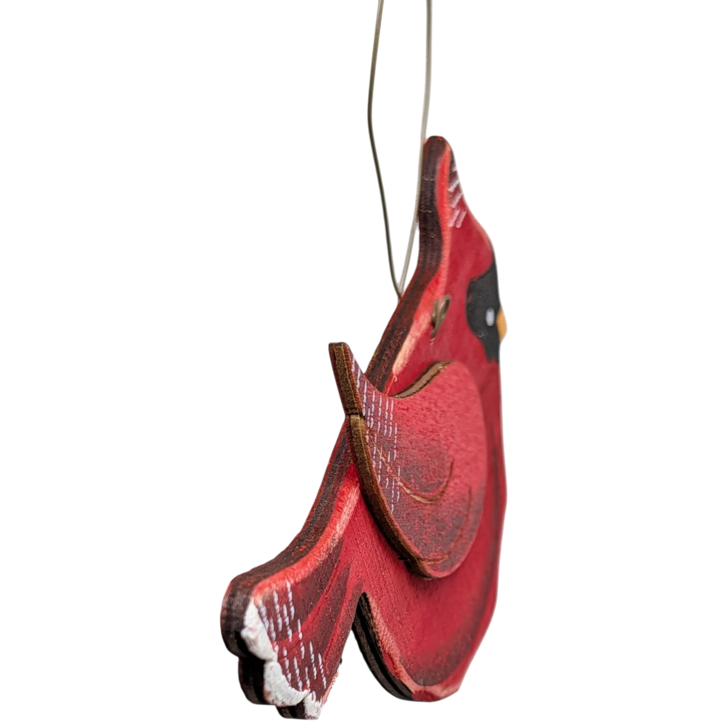 Scarlett's Cardinal Flight: Hand-Painted Plywood Ornament