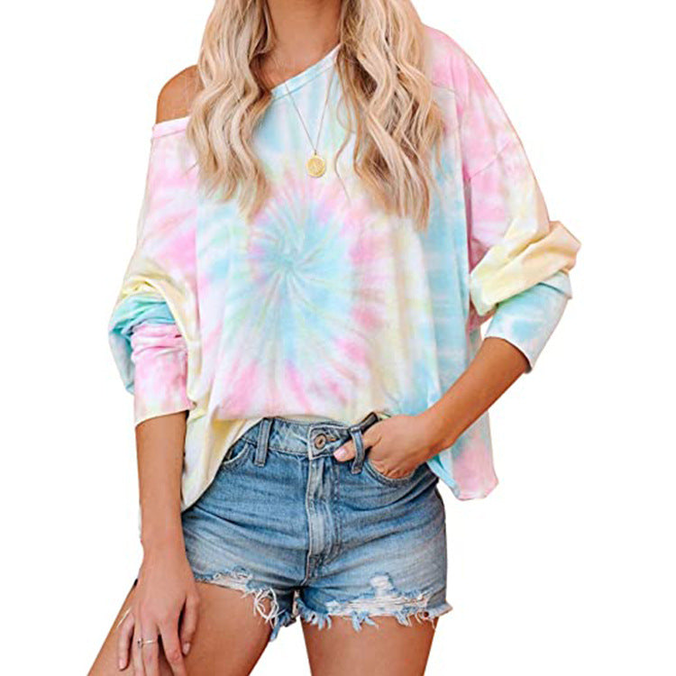 Woman Tshirts Print Cotton Loose Diagonal women's t-shirts Long Sleeve Casual Tops