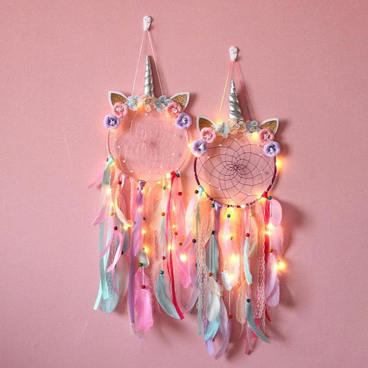 Unicorn Dream Catcher Unicorn Wind Chimes Big Traditional Dream-catcher For Decoration White Feather Wind Chime Wall Hanging LED Light Feather Home Decoration Accessories For Home Wall Hanging Photography Prop