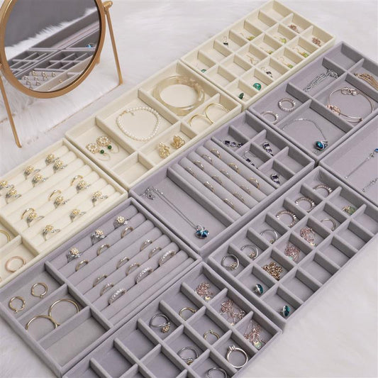 Upgrade Velvet Jewelry Storage Box Necklace Stackable Display Tray Bracelet Earring Organizers Handicrafts Drawer Box Grey Stackable Jewelry Inserts Compartments Velvet Display Storage Box for Necklace