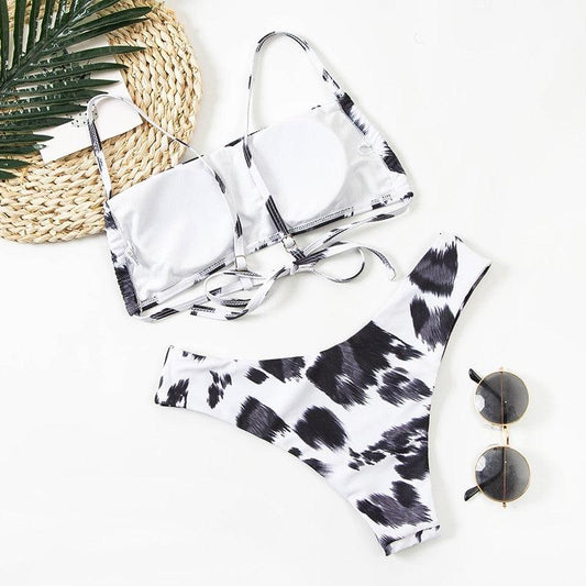 Women Lace Up Black Print Bikini Set Beach Swimsuit Women's Halter Self Bikini Set Padded Top Two Piece Swimsuit Summer Padded Bra Swim Panties Bandage Vintage Bathing Suit