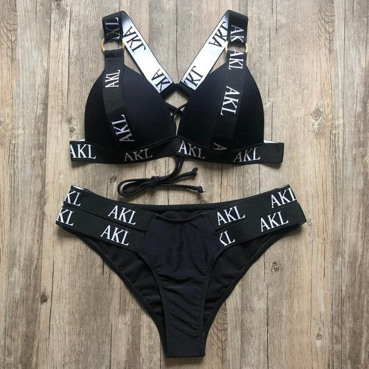 Women Luxury Black White Swimwear Women's Swimming Suit Push Up Bikini Lace Up Bikinis Women Swimsuit Women's Bathing Suits Push Up Halter Bandage Bikini Letter Printing Mini Summer Bikini Set