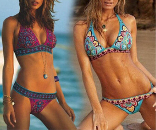 Women Summer Beautiful Print Swimsuit Bikini Set Women's Solid Halter Padded Push Up Bikini Set Two Pieces Swimsuit Swimwear Bathing Suit Push-up Bandage Swimming Costume Bathing Suit Fashion Beachwear