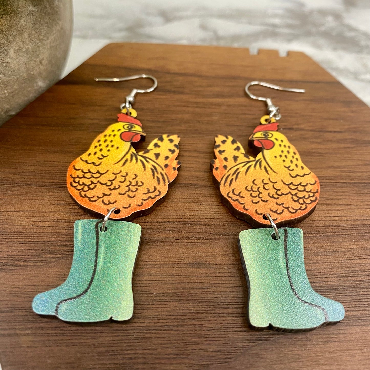 Wooden Dangle Earrings - Chicken - #9