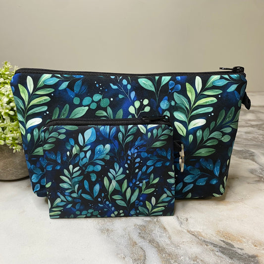 Pouch & Mini Pouch Bundled Set - Navy Green Leaves