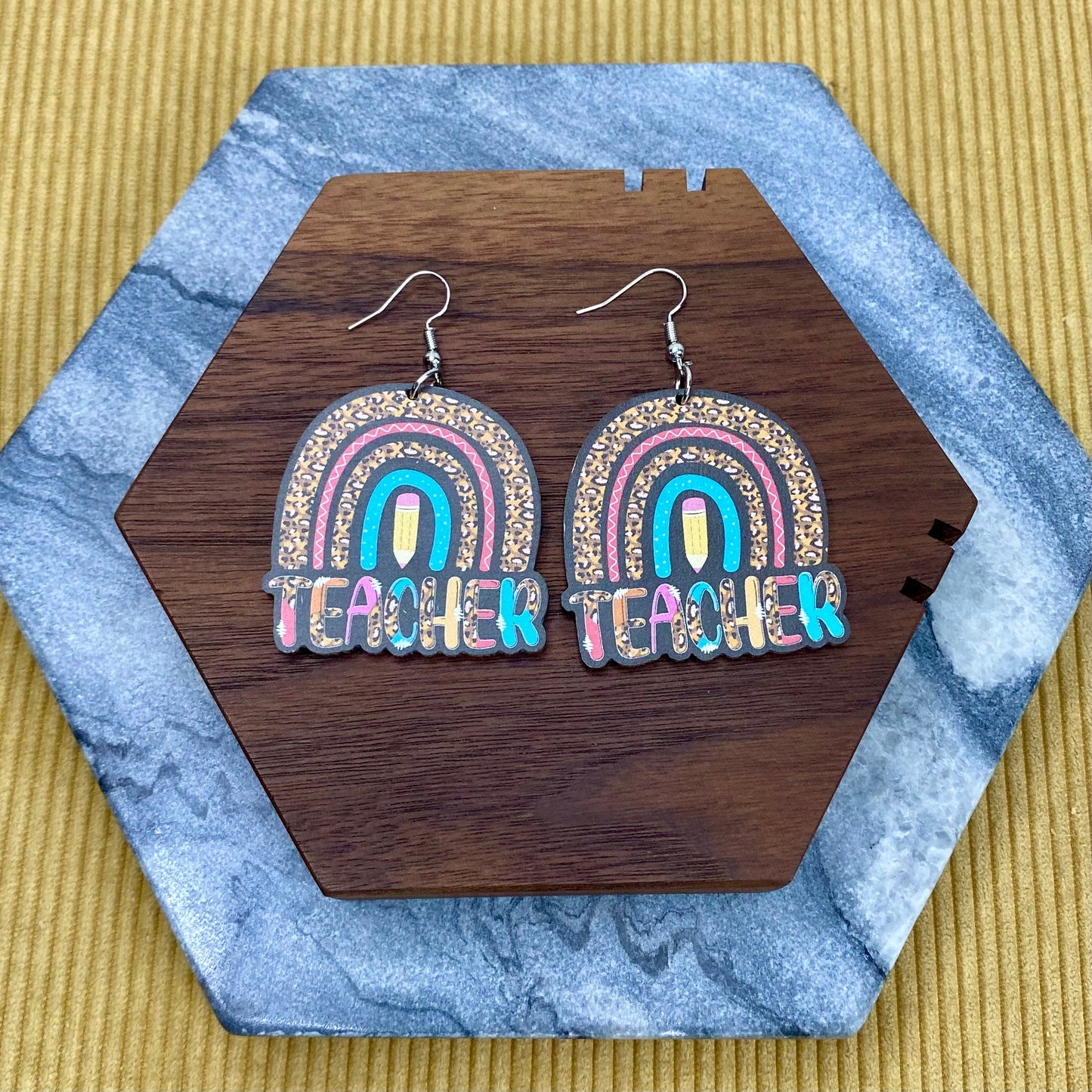 Wooden Dangle Earrings - Teacher - Rainbow