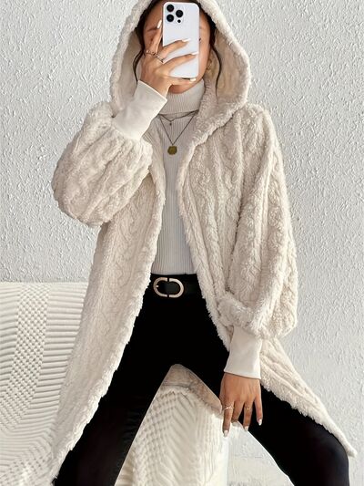 Beige Long Winter Open Front Long Sleeve Fuzzy Hooded Jacket Cozy & Stylish Outerwear