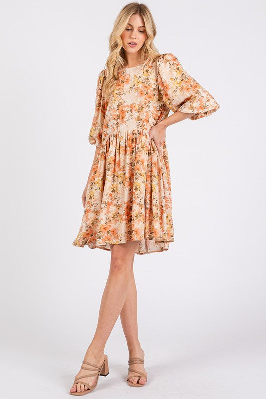 New Summer Flower Print Linen Blend Babydoll Mini Dress – Lightweight Floral Babydoll Dress with Relaxed Fit and Gathered Waist
