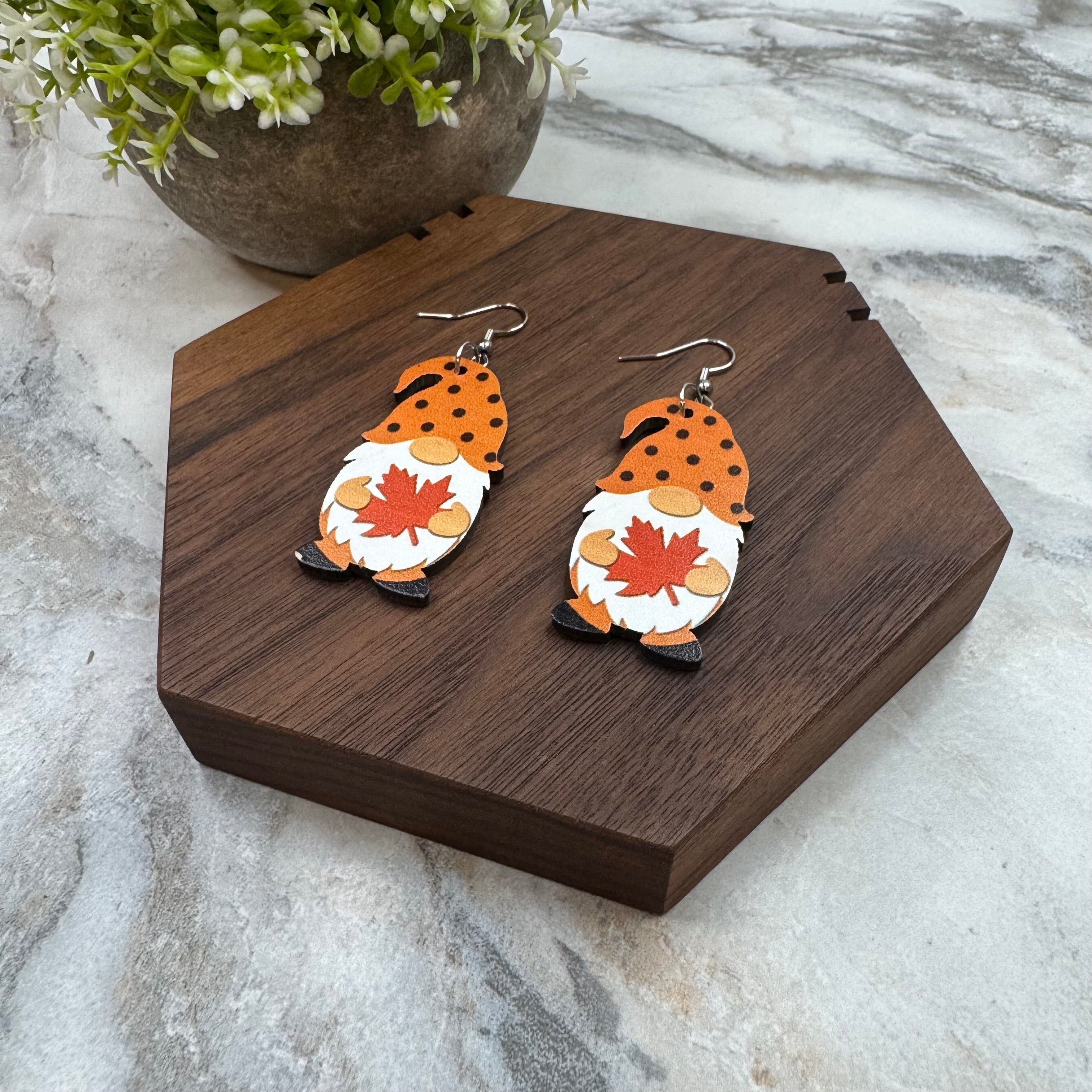 Wooden Dangle Earrings - Fall - Gnome Leaf