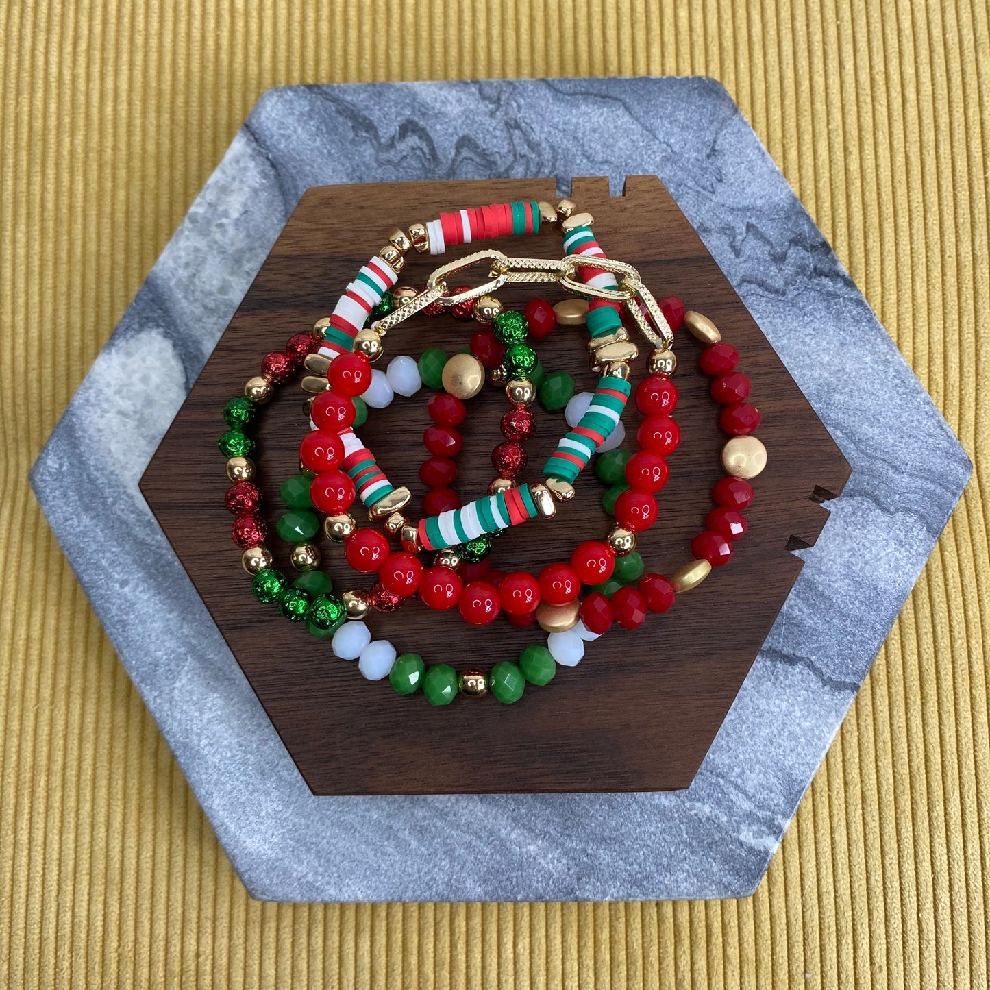 Bracelet Pack - Christmas Red and Green Clay, Bead, Gold Chain