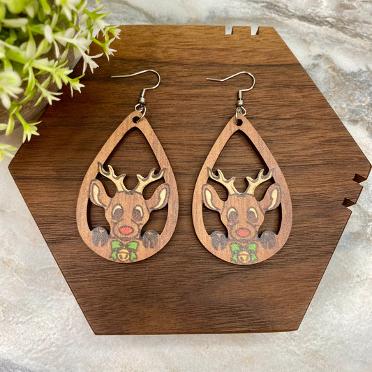 Wooden Dangle Earrings - Christmas - Cutout Reindeer #2