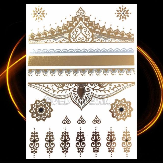 1PC Gold Chain Bracelet Tattoo Sticker Summer Style Fake Jewelry Temporary Tattoo Waterproof Gold Sliver Glitter Body Face Tattoo For Womens