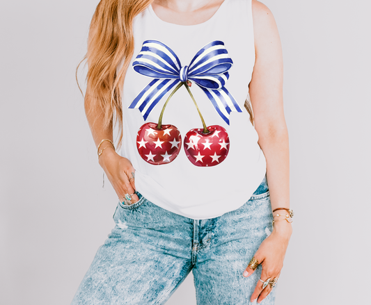 Red White Blue Bow Cherry Graphic Tank Top