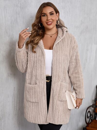 Women Plus Size Hooded Open Front Fuzzy Jacket With Long Sleeves Elegant And Comfortable Jacket