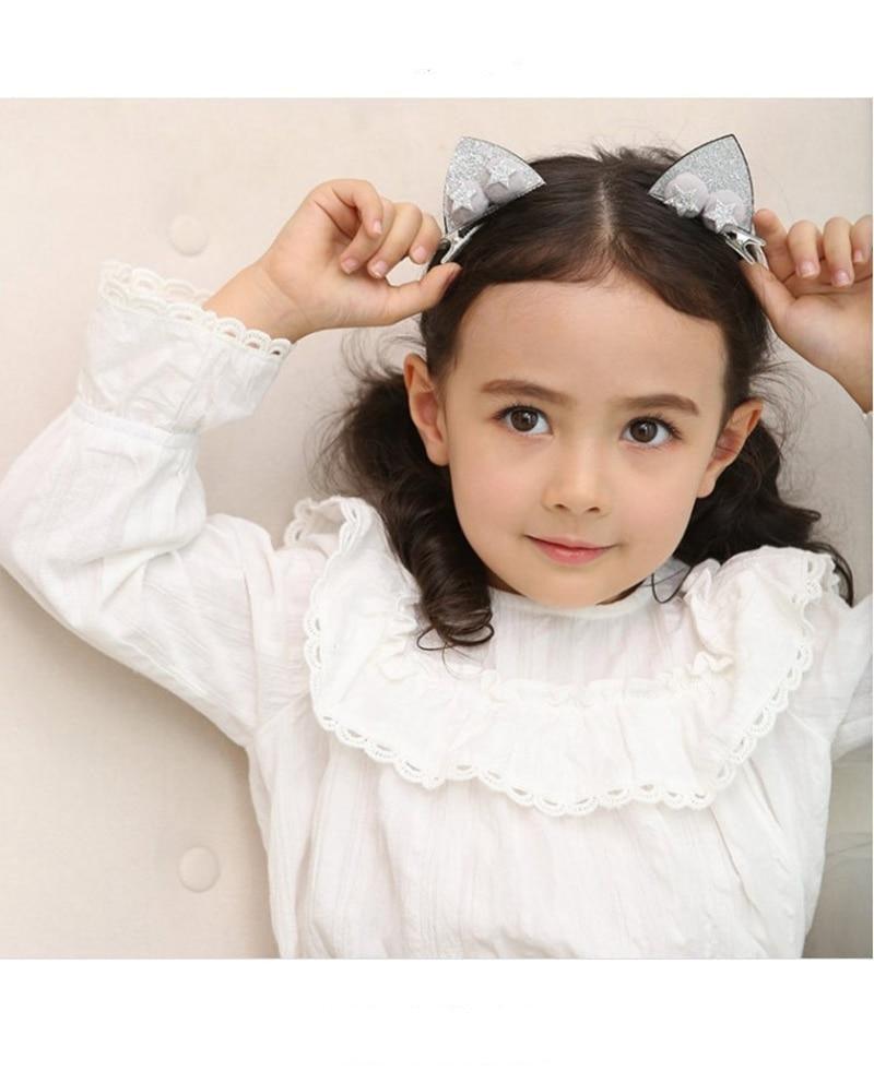 2pcs/Set Cute Hair Clips For Girls Glitter Rainbow Felt Fabric Flowers Hairpins Cat Ears Bunny Barrettes Kids Hair Accessories for Halloween Parties Cosplay for Girls