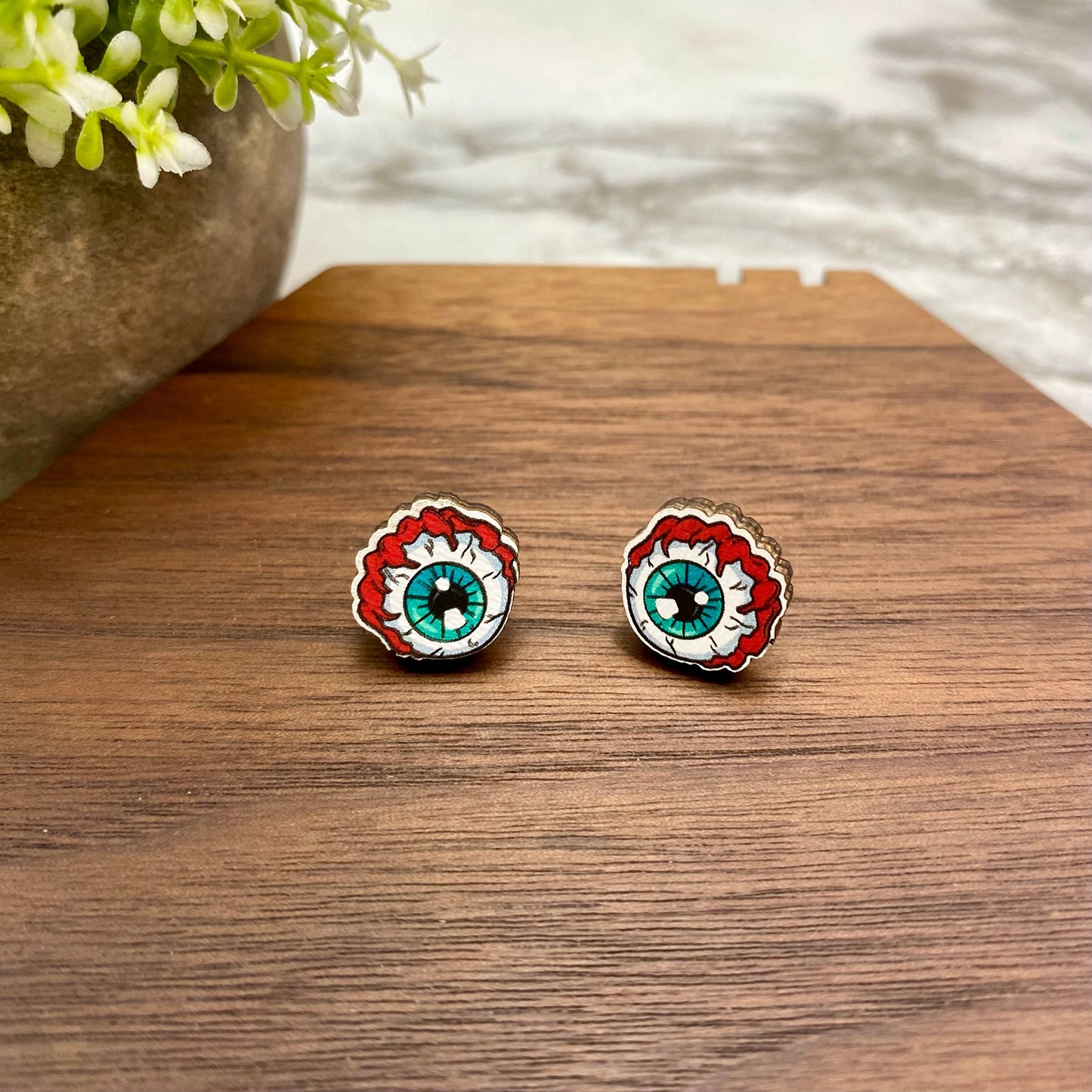 Wooden Stud Earrings - Halloween - Eye Balls