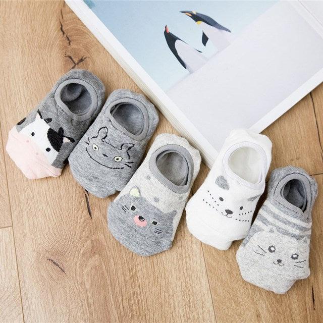 5 Pairs Cute Animal Spring Women Cotton Boat Socks Set Korean Style Funny Cat Dog Panda Low Cut Ankle Short Socks