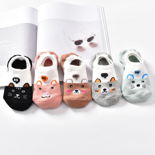 5 Pairs Cute Animal Spring Women Cotton Boat Socks Set Korean Style Funny Cat Dog Panda Low Cut Ankle Short Socks