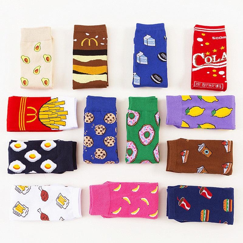 5 Pairs Women's Colorful Cotton Socks Fruits Banana Avocado Lemon Egg Cookie Donuts Food Happy Color Socks