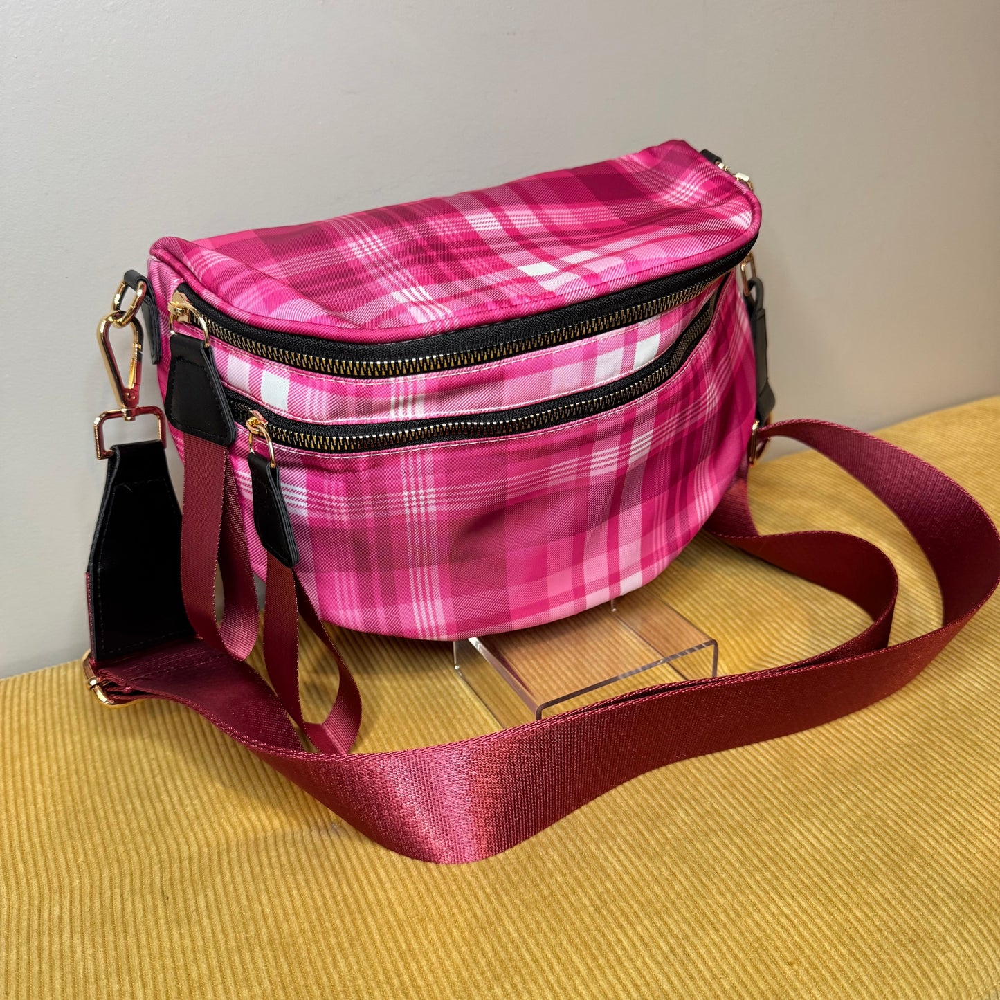 The Roni Nylon Crossbody - Pink Plaid