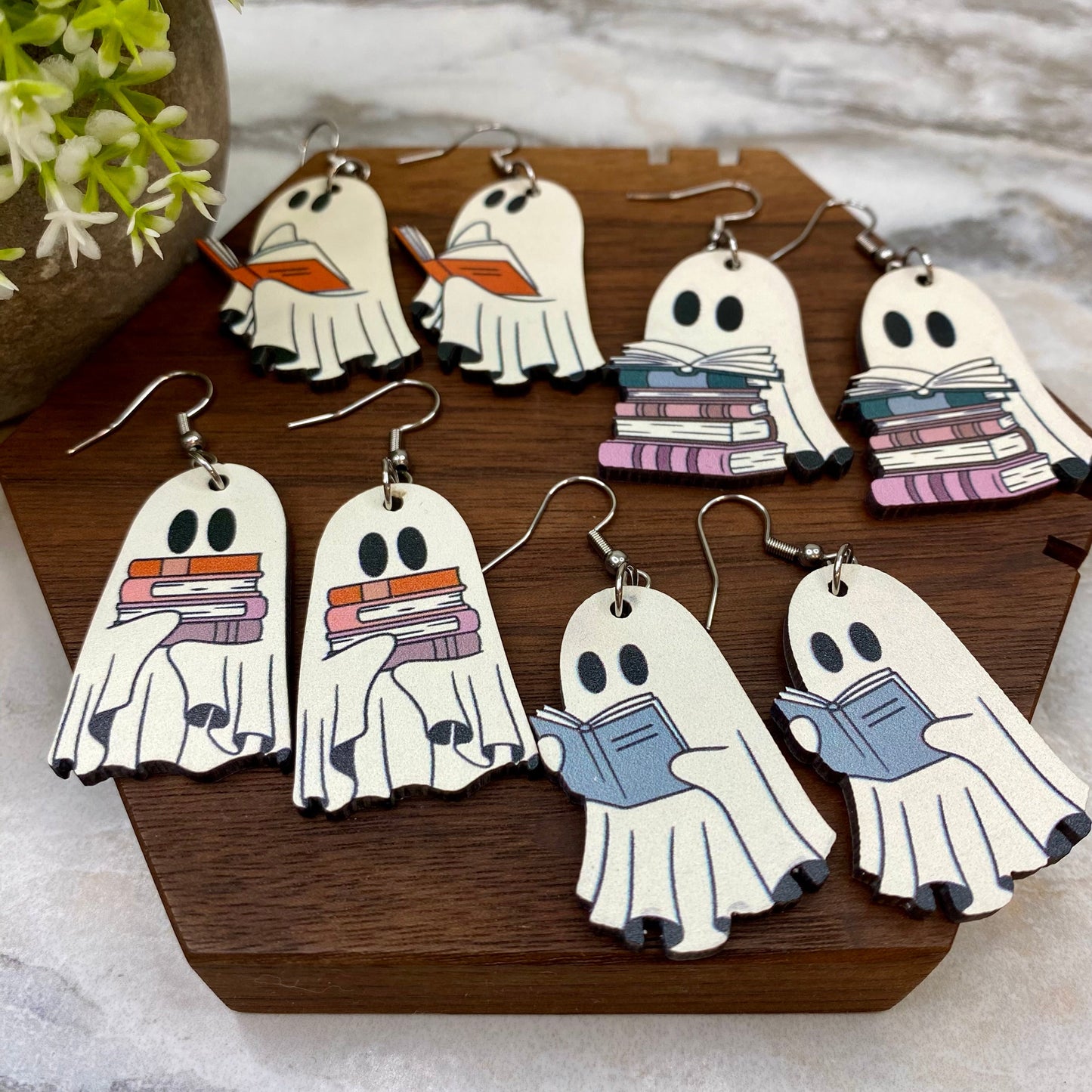 Wooden Dangle Earrings - Ghost With Book Mix