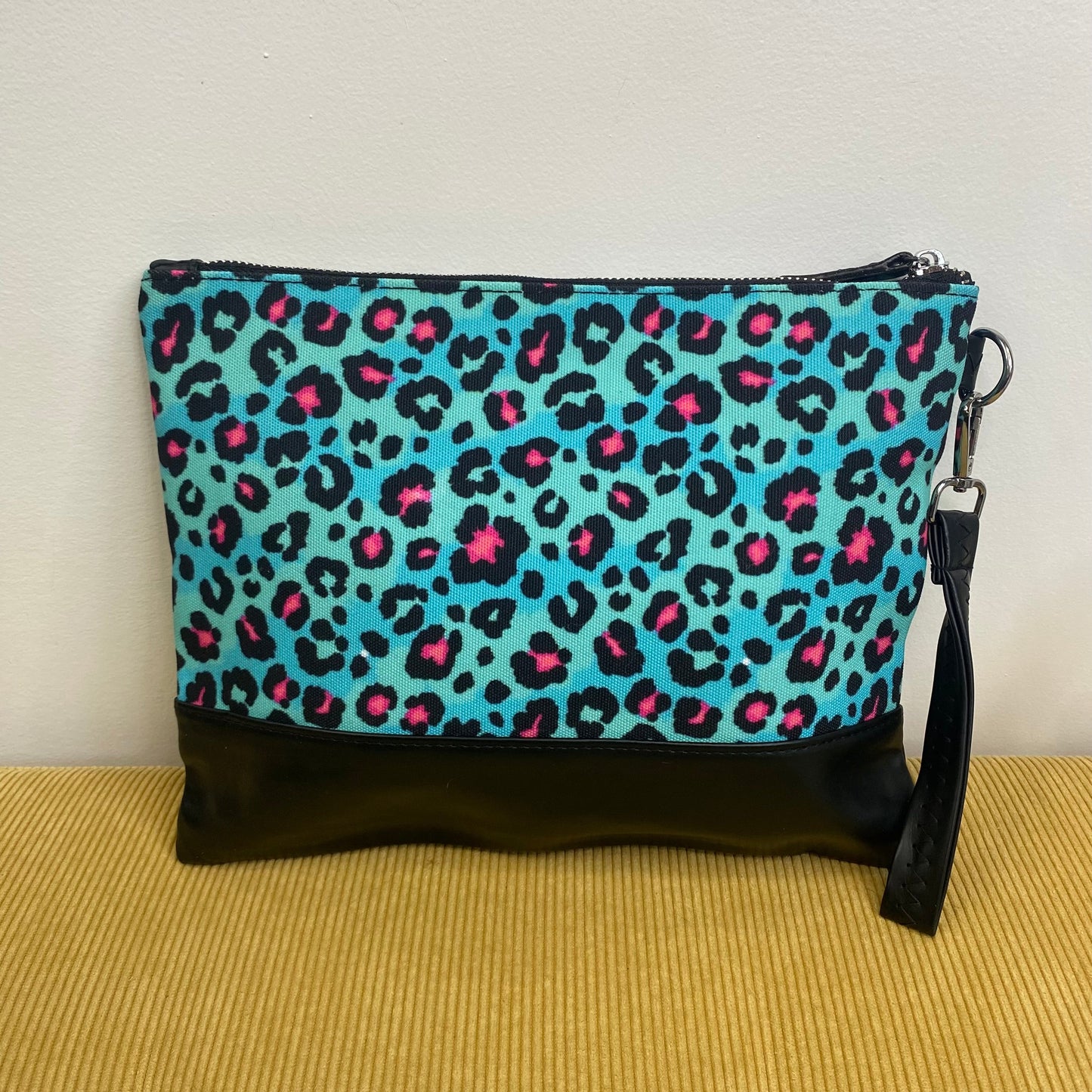 Clutch - Oversized Canvas & Faux Leather with Wrist Loop - Rainbow Leopard
