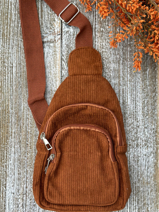 "The Corey" Rust Brown Corduroy Sling Bag
