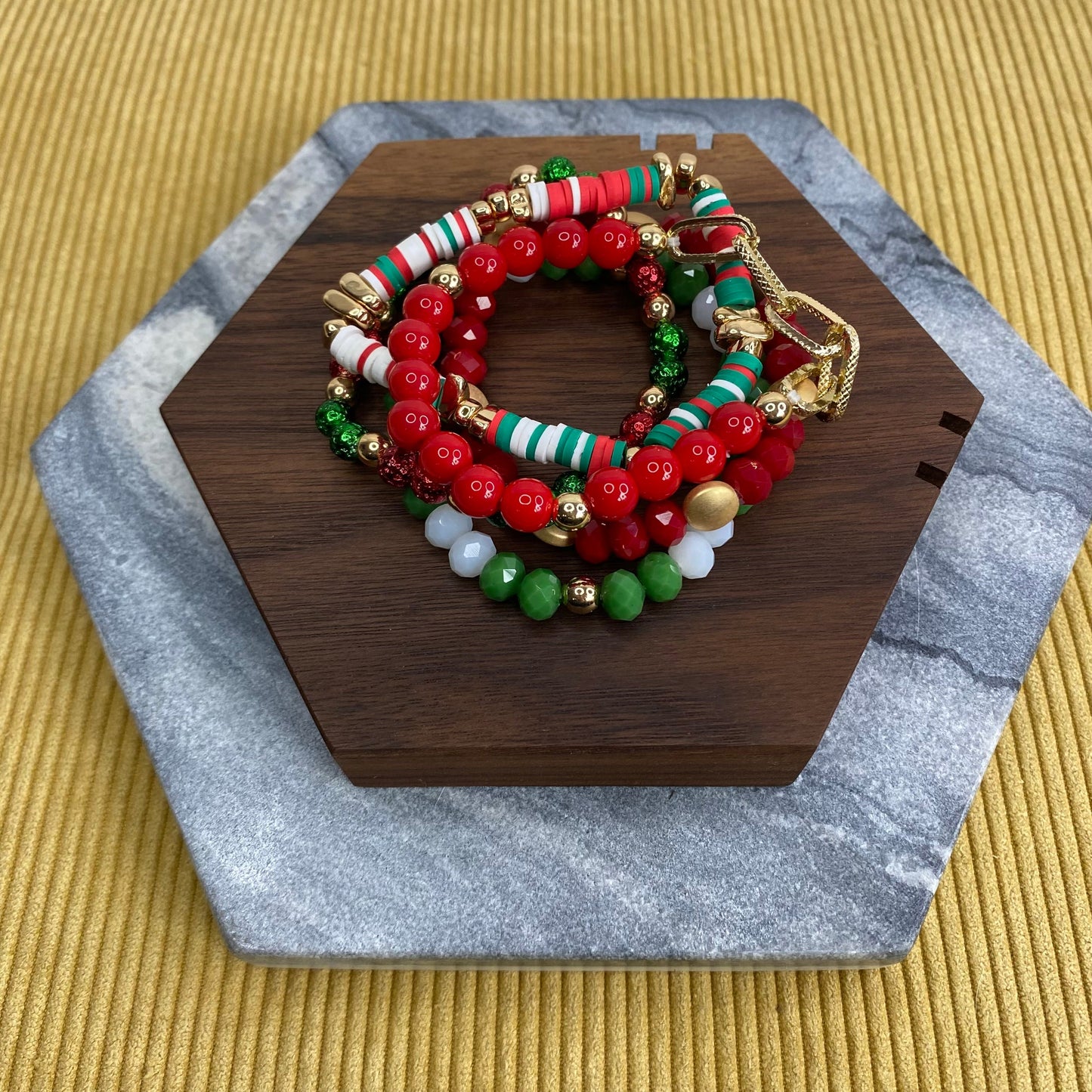 Bracelet Pack - Christmas Red and Green Clay, Bead, Gold Chain