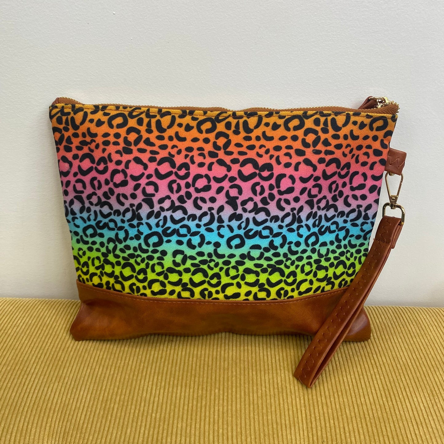 Clutch - Oversized Canvas & Faux Leather - Pink Blue White Leopard