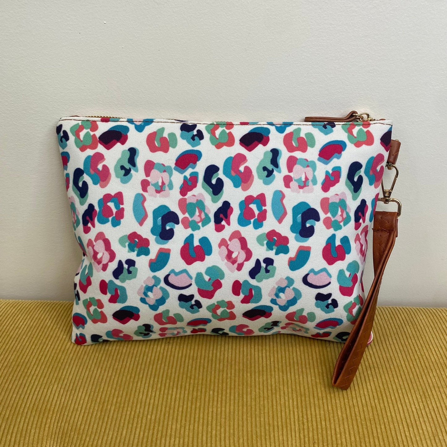 Clutch - Oversized Canvas & Faux Leather with Wrist Loop - Rainbow Leopard