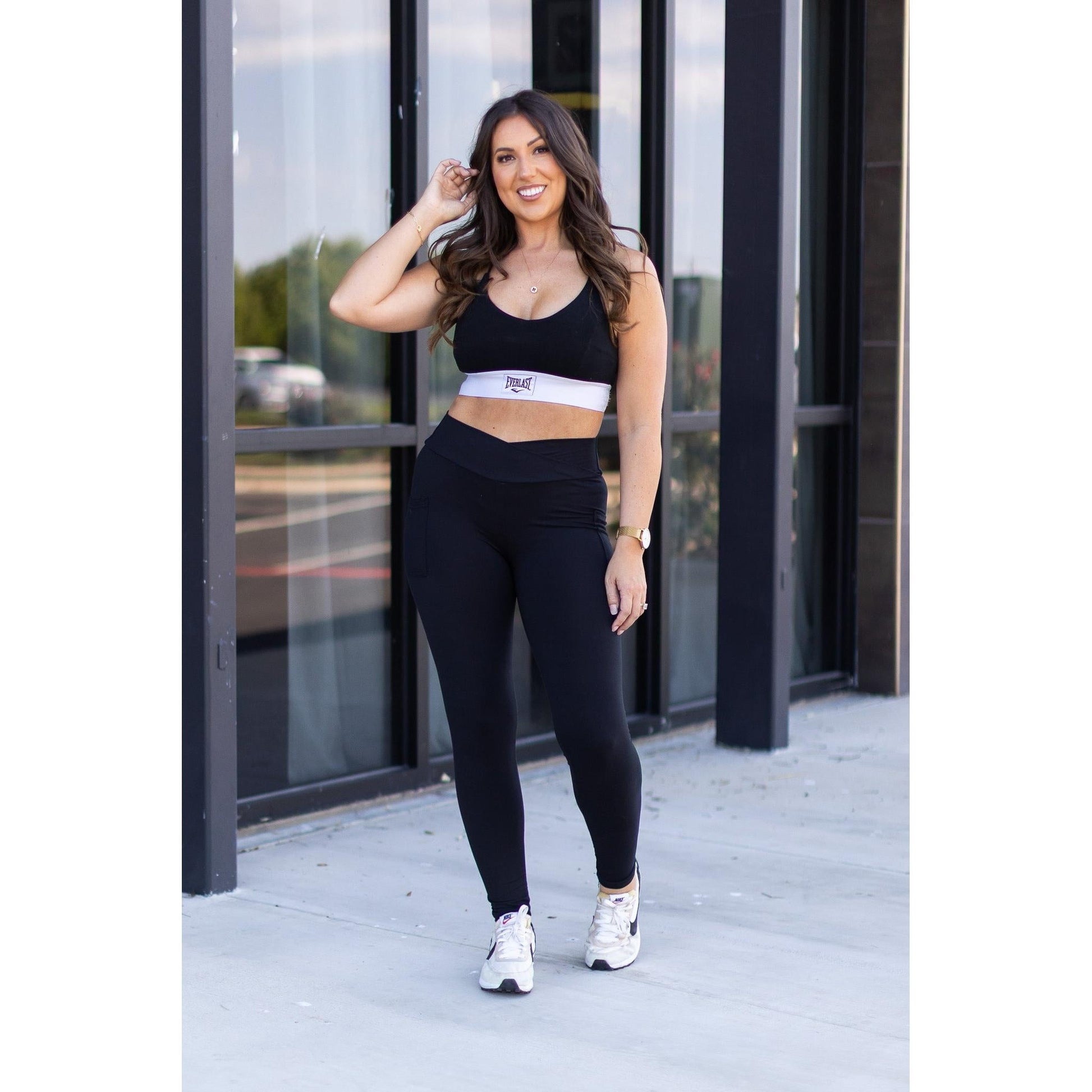 Julia Rose Stephanie crossover black pocket leggings, Women wearing black crossover leggings