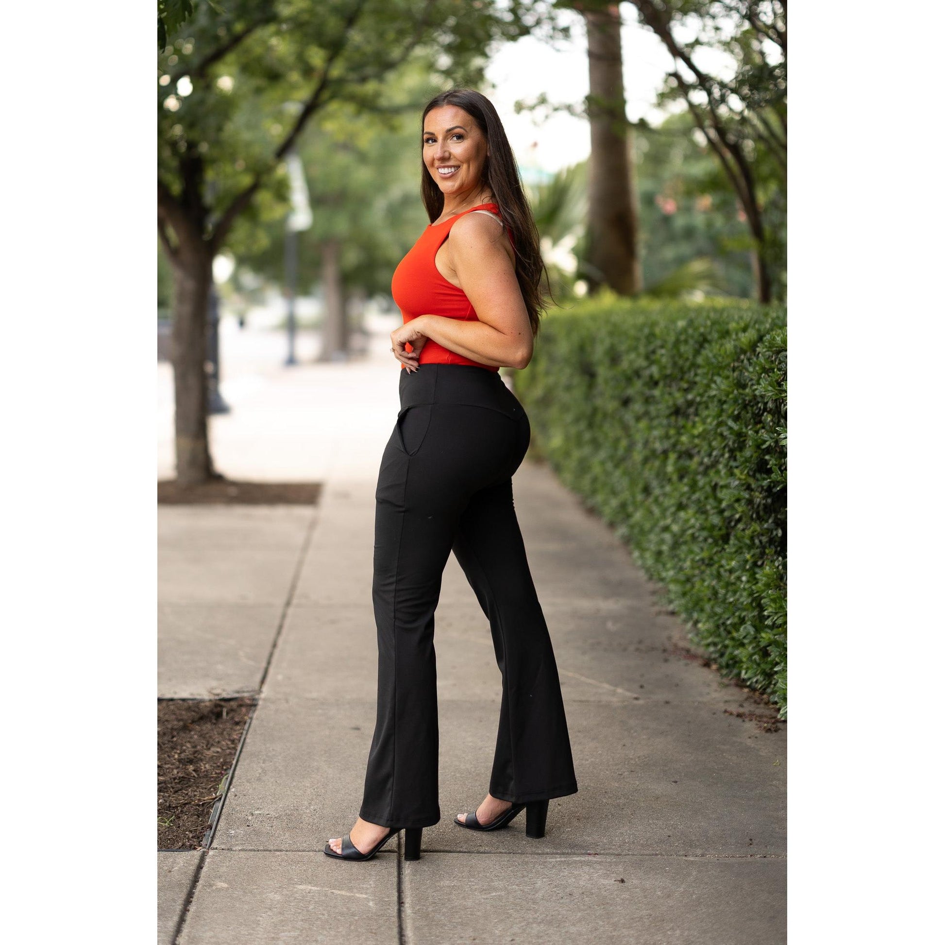 Julia Rose Mandi Everyday Tummy Control Pants women’s boutique pants front view, Woman wearing Julia Rose Mandi high waist tummy control pants
