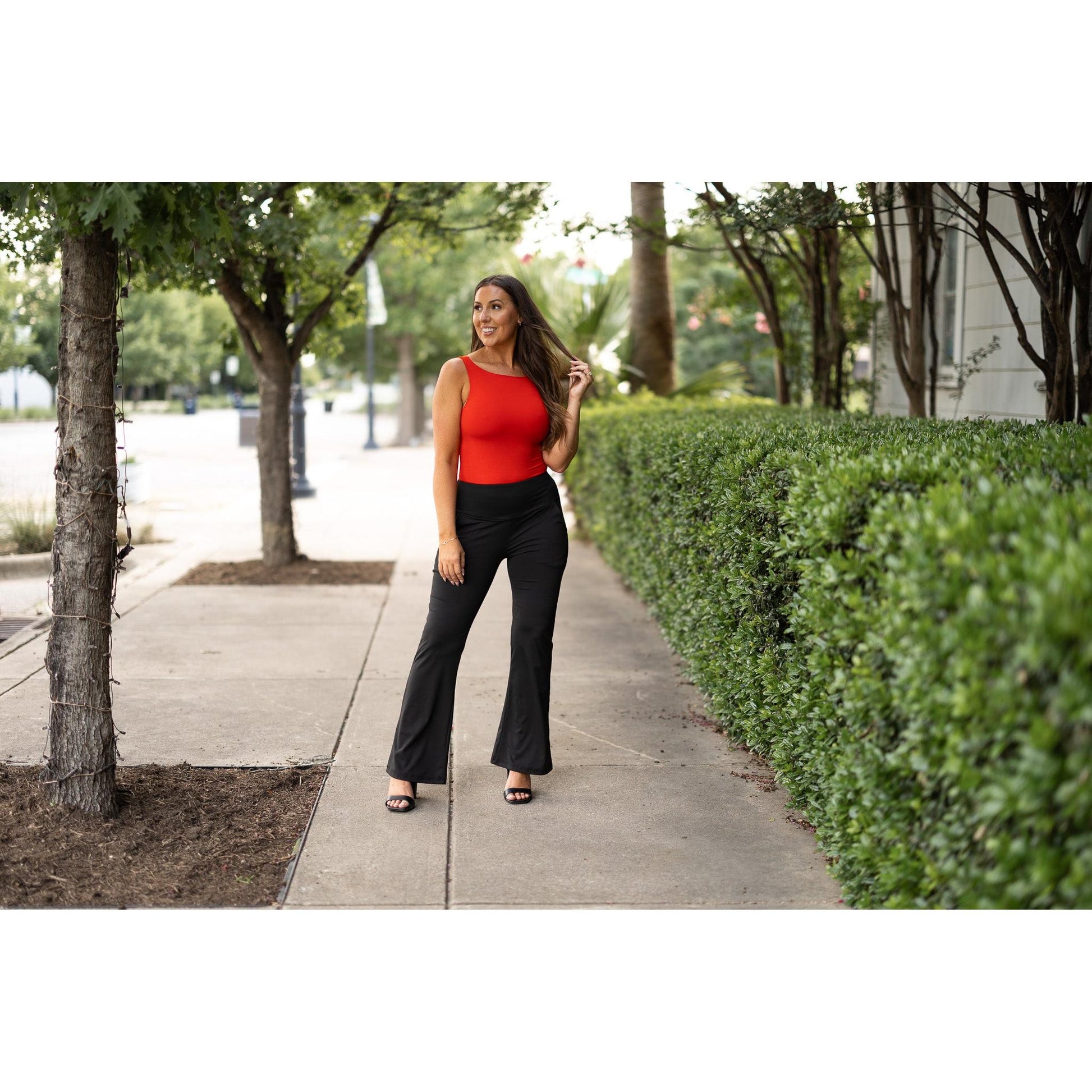 Julia Rose Mandi Everyday Tummy Control Pants women’s boutique pants front view, Woman wearing Julia Rose Mandi high waist tummy control pants