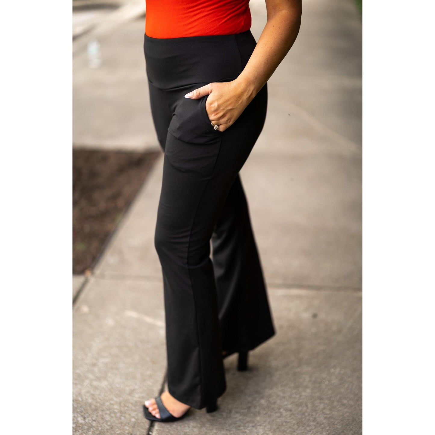Julia Rose Mandi Everyday Tummy Control Pants women’s boutique pants front view, Woman wearing Julia Rose Mandi high waist tummy control pants