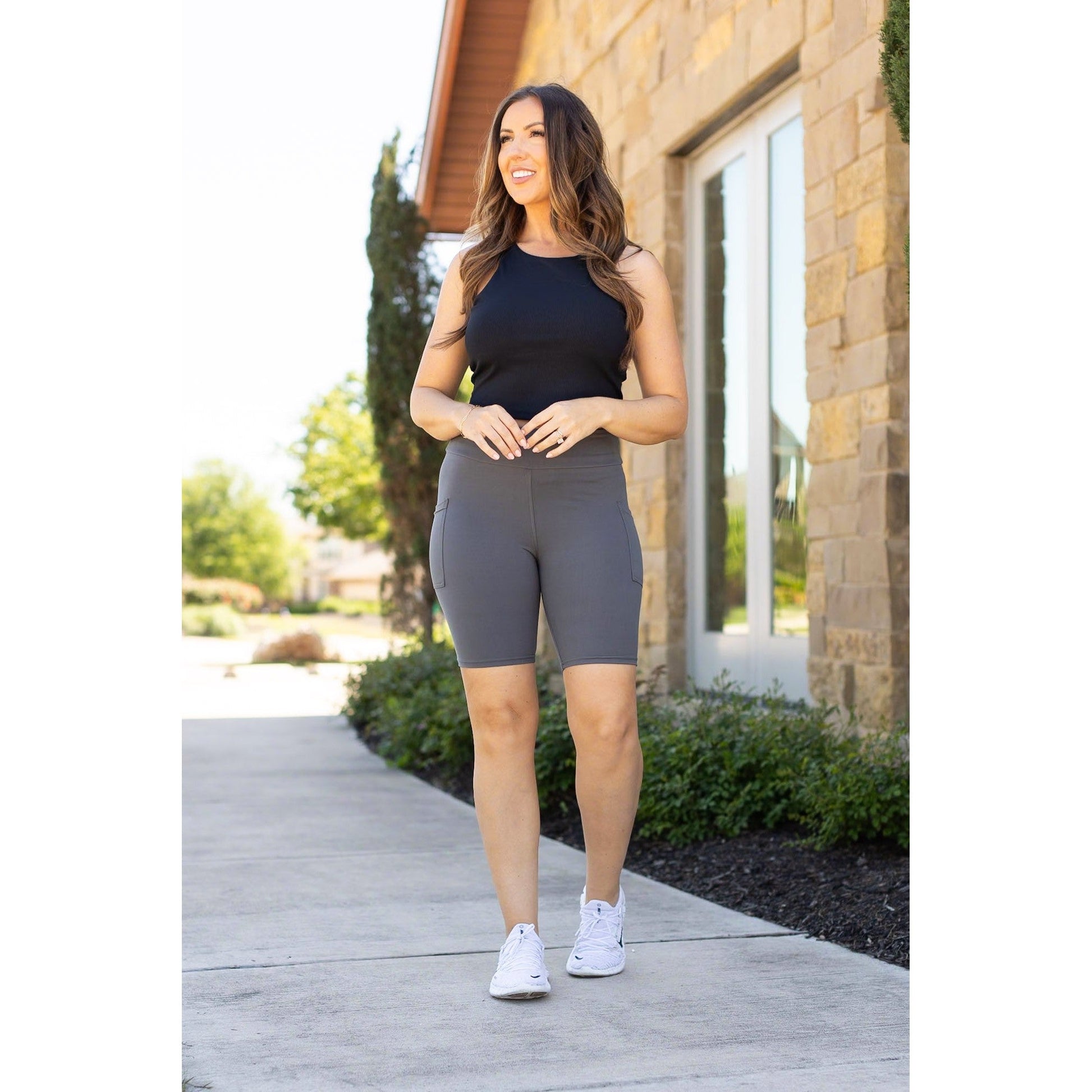 Julia Rose The Christy charcoal 7-inch biker shorts, Women wearing charcoal biker shorts high waisted